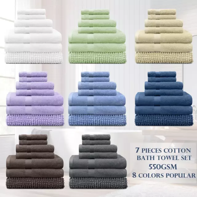 7 Pcs 100% Cotton Bath Towel Sets Bath Towel Bath Mat Hand Towels Luxury 550GSM