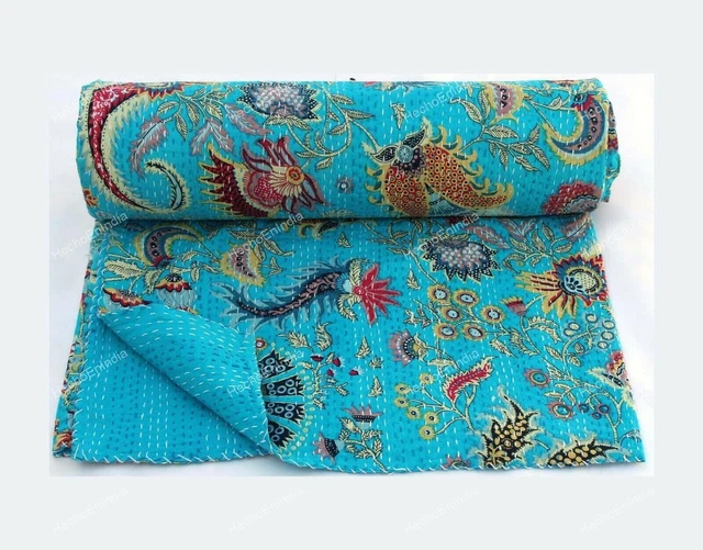 Indien Fait Main Floral Noir Imprimé Kantha Couette Boho Couverture Literie