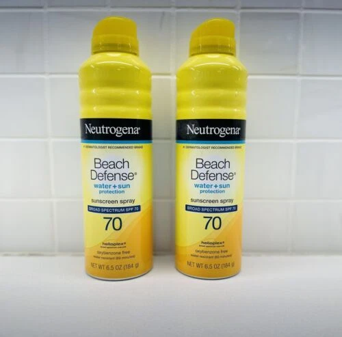 2 Pack Neutrogena Beach Defense Sunscreen Spray Lotion SPF 70, Exp 01/2024