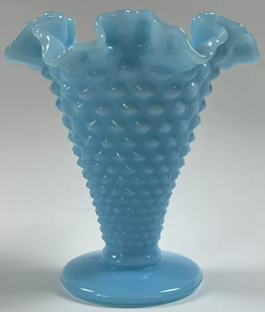 Vtg Fenton Glass Blue Milk Glass Opalescent Hobnail Trumpet Vase Crimped Edge