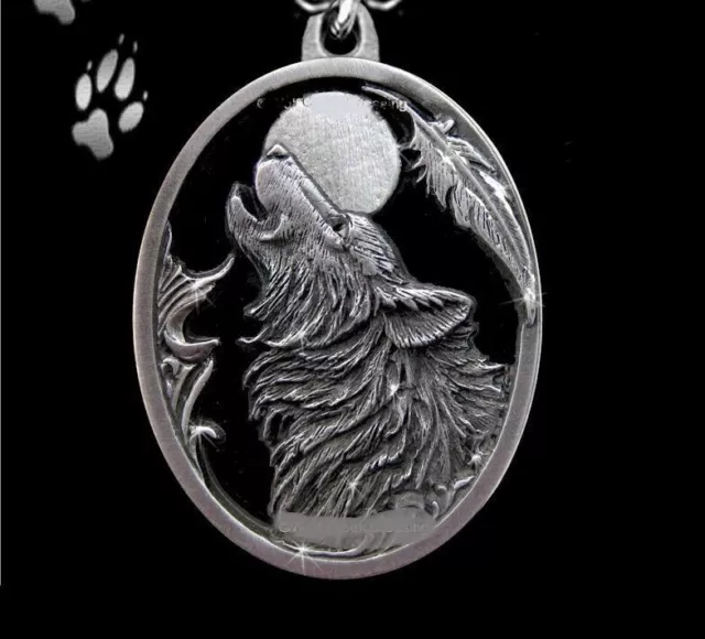 STERLING 925 silver 22" necklace WOLF MOON QUOTE HOWL FEATHER pendant female