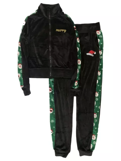 Womens (Jrs) Black Velvet Santa Claus Holiday Track Suit Pants & Jacket