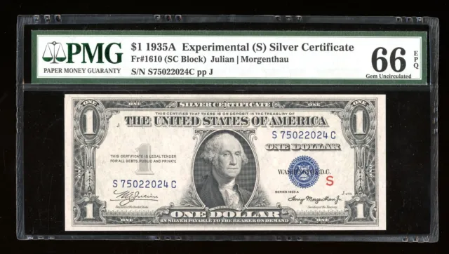 DBR 1935-A $1 Silver Experimental (S) Gem Fr. 1610 PMG 66 EPQ Serial S75022024C