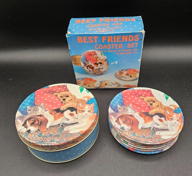 Vintage Best Friends Dogs & Cats 6 Piece Metal Coaster Set w/Storage Tin Puppies