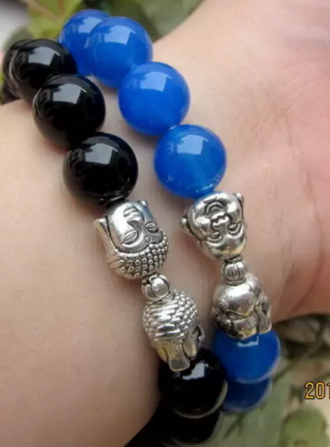 2Pc Wholesale Tibetan Silver Buddha Head and Round Agate 10mm/16 Beads Bracelets