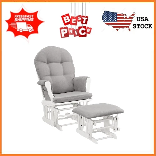 Angel Line Windsor Glider and Ottoman, White Finish with Gray Cushions