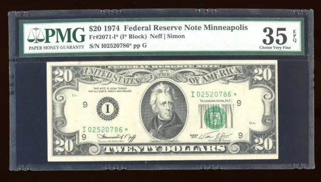 DBR 1974 $20 FRN STAR Minneapolis Fr. 2071-I* PMG 35 EPQ Serial I02520786*