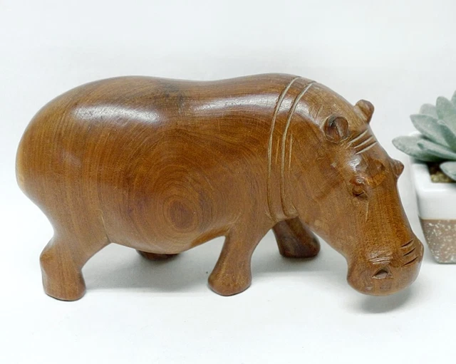 Vintage Carved Wood Walking Hippo Hippopotamus 6.5" Long Folk Art Sculpture