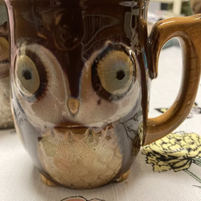 Pair Of Gibson Big And Smaller Owl Mugs Green Brown Blue Coffee Tea Animal Core