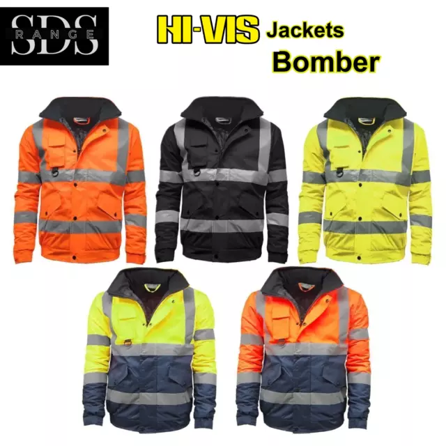 Men Hi Vis Viz Waterproof Bomber Jacket | High Visibility Safety Work Wear Coat