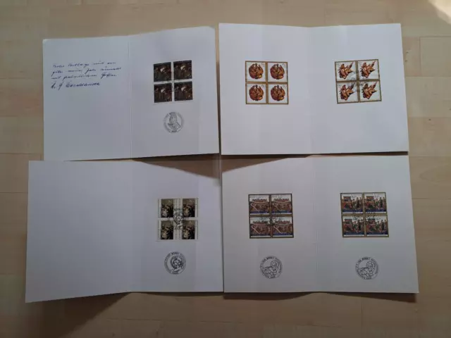 4 Klappkarten Weihnachten 1985 , 86 , 88 , 89 mit 4 Block Weihnachtsbriefmarken