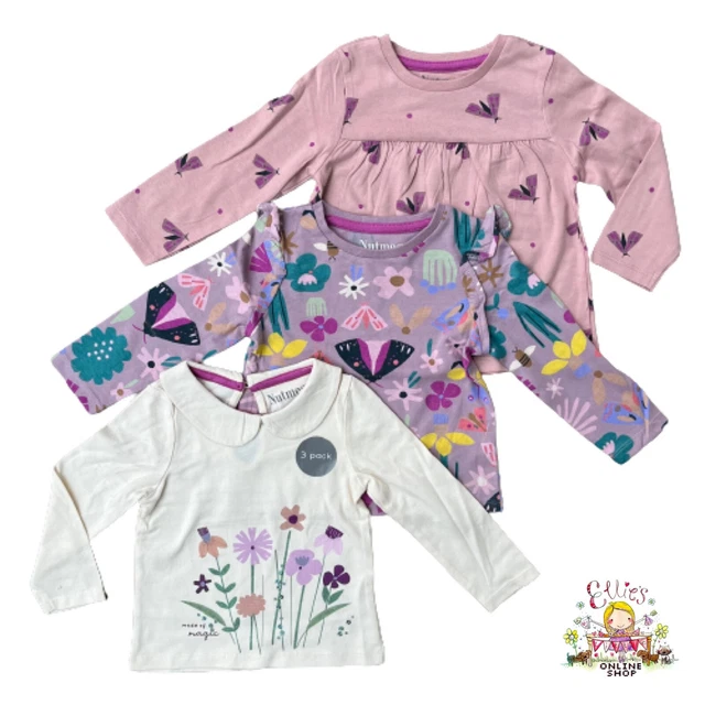 Girls Tops T-Shirts Long Sleeve Spring 3 Pack Nutmeg Toddler Kids Baby Butterfly