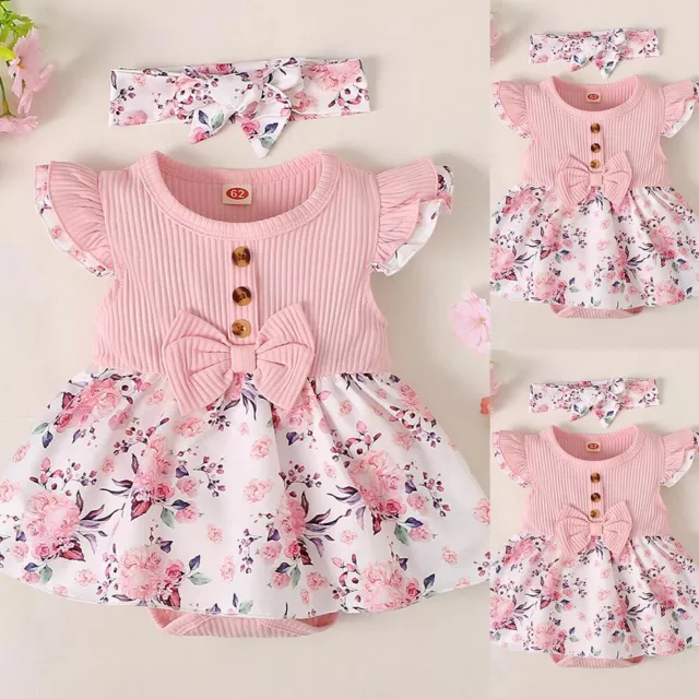 Newborn Baby Girl Floral Print Ribbed Ruffle Romper Jumpsuit Headband Dress Set