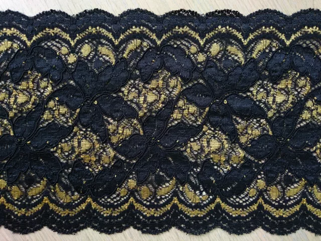Black Gold 5"/14cm Wide Stretch Floral Scallop Lace Edge Trim Art Craft Fabric