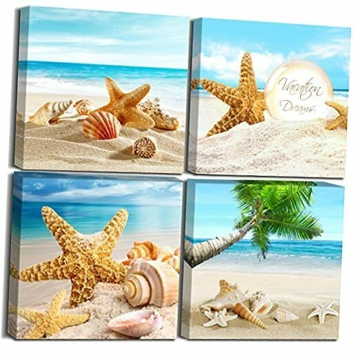 4 Piece Ocean Wall Art Seashell Pictures Waves Beach Wall Decals Framed Blue