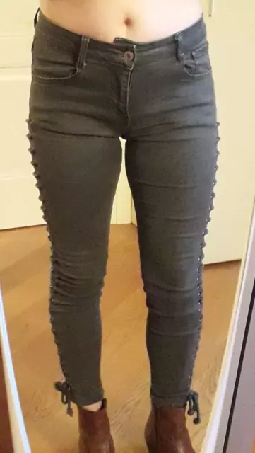 Pantaloni skinny verde kaki cordini taglia 42 cotone jeans cachi militare donna