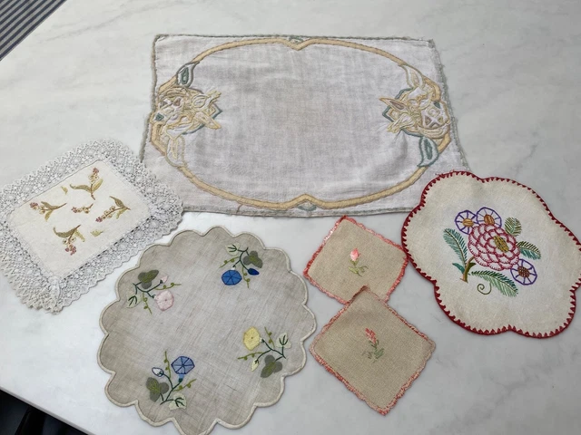 6 Vintage Hand Worked With Embroidery And Applique Work Table Mats