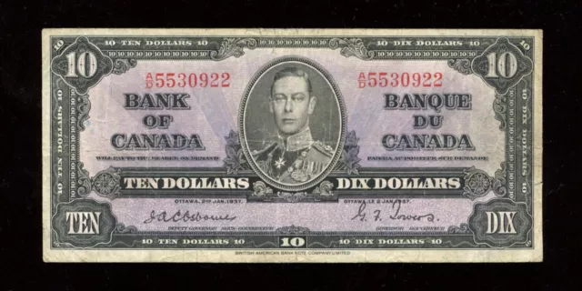 1937 Bank of Canada $10 Banknote Osborne Signature - S/N: A/D5530922