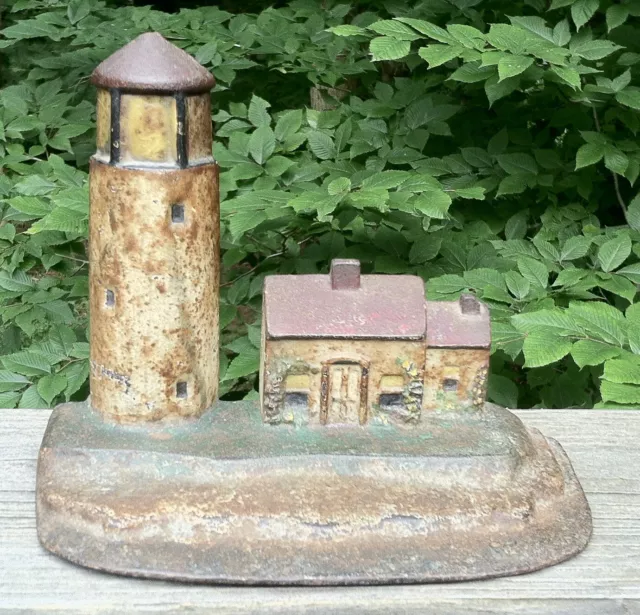 Genuine Antique Cast Iron Doorstop Lighthouse and Keepers Cottage