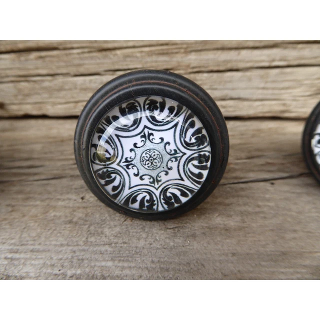 Vintage Drawer Pull Metal White Glass Handle Kitchen Cabinet Dresser Door Knob