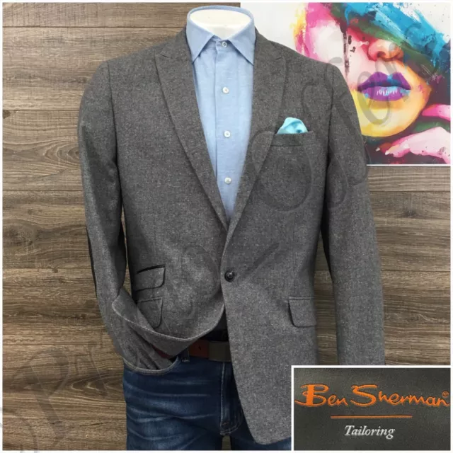 Ben Sherman Mens Blazer Sport Coat Casual Button Jacket Size 44L Tweed Wool Suit