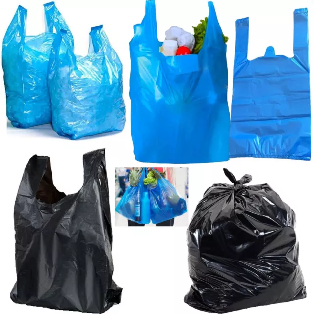 Black or Blue Plastic Carrier Bags Strong Medium Vest Shops Stalls Supermarkets