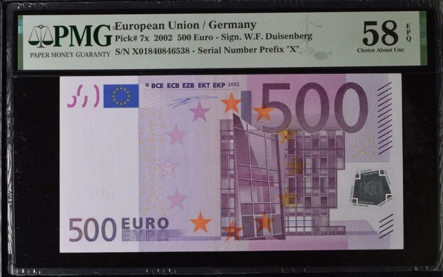 RARE Ch aUNC 500 Euro Germany European Union 2002 Duisenberg P-7x PMG 58EPQ X018