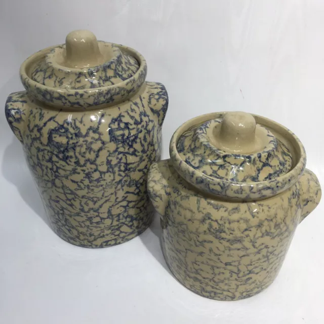 2 Robinson Ransbottom Roseville Pottery Crocks w/ Lid Blue Sponge ware RRP Co