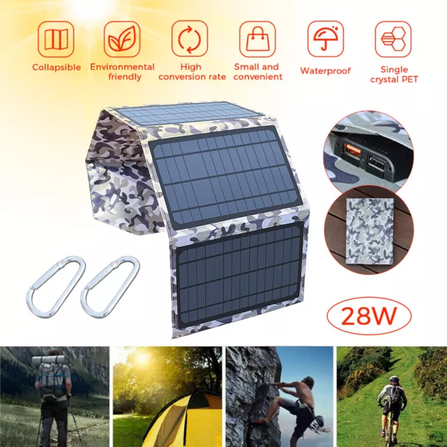 28W Faltbar Solarpanel Solarmodul Power Bank Handy USB Ladegerät Camping Wandern