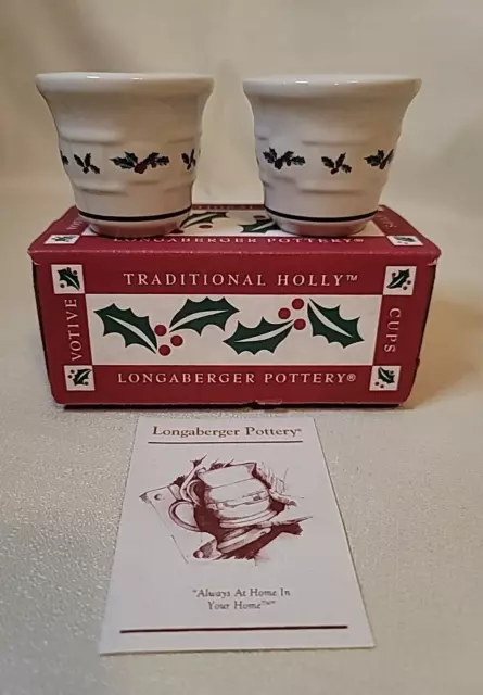 Longaberger Pottery Set of 2 NIB Votive Candle Holders Christmas Holly Pattern
