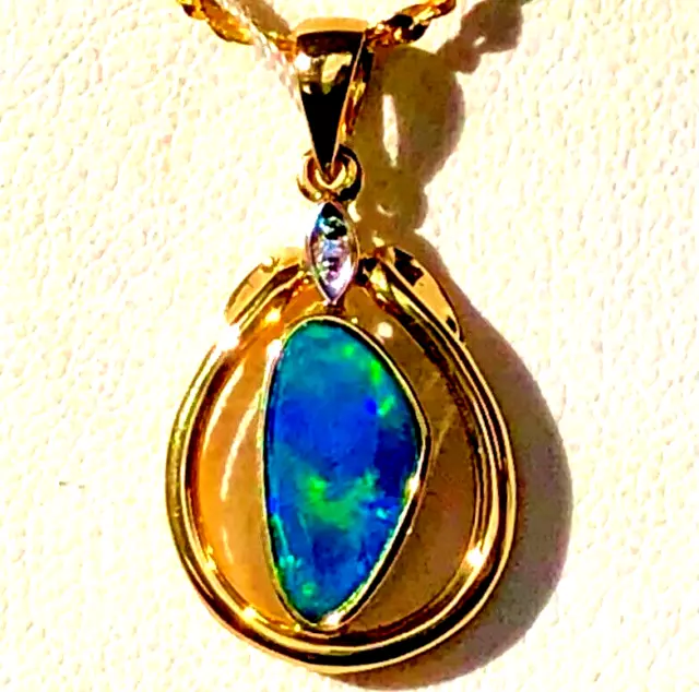 VIVID Rare Blue 14k Gold Australian Opal Diamond ladies Pendant necklace video