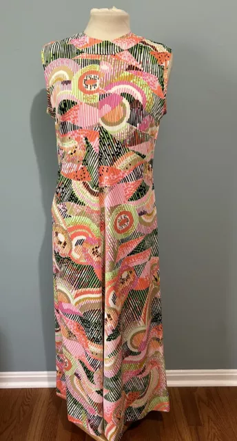 Vintage 60s 70s Maxi Dress Gown Mod Print Fabric