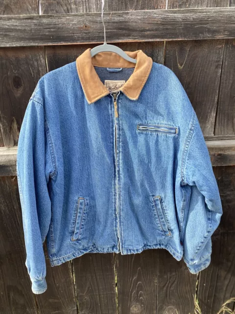 Vintage Woolrich Denim Flannel Lined Coat Blue Jean Zip Up Jacket Size Large