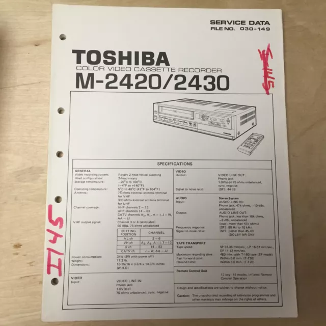 Toshiba Service Manual for the M-2420 M-2430 VCR Video Cassette Recorder