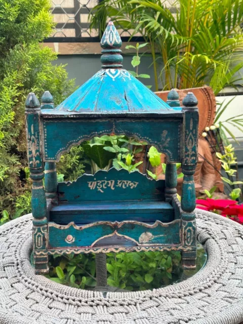 Ancient 1890's Old Wooden Hand Carved Blue Painted Hindu Temple Mandir