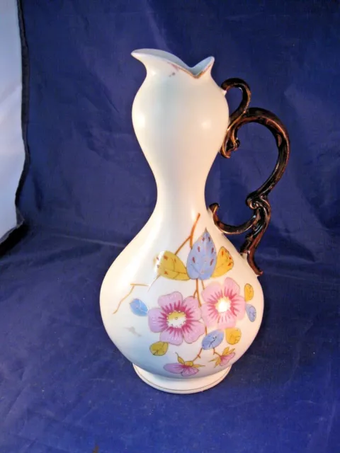 Vintage Ewer Style Pitcher - Floral Decoration And Very Ornate Handle