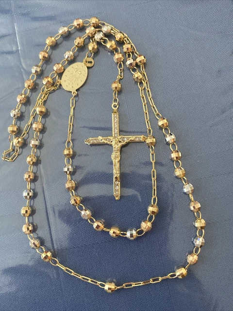 14K Yellow/White Gold Rosary Cross Chain 34”Length 14K Yellow/White Gold Rosary Cross Chain 34”Length