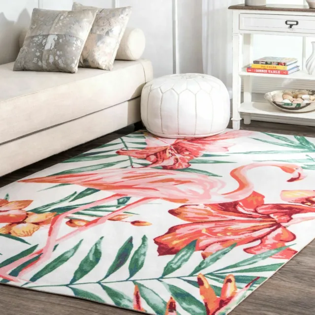 nuLOOM NEW Indoor Outdoor Modern Tropical Flamingo Area Rug in Off White Pink