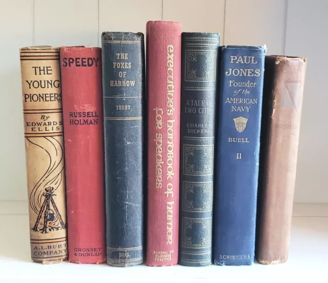 Lot of 7 Antique /Vintage Books Library Staging Shabby Chic Decor Red Beige Blue
