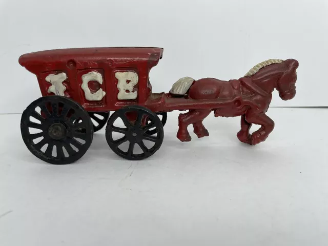 Vintage Cast Iron Metal Toy Red Horse Drawn ICE Cart Carriage Wagon