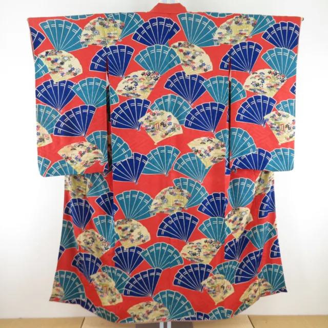 Antique Komon kimono Silk Japanese fan pattern Brown 58.3inch Women's