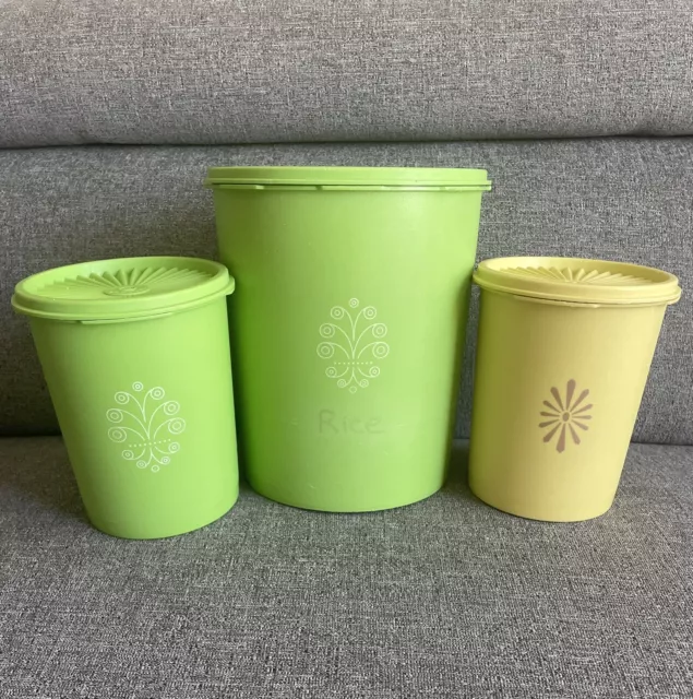 Vintage Retro Tupperware Servalier Canisters / Containers Yellow &Green Set of 3