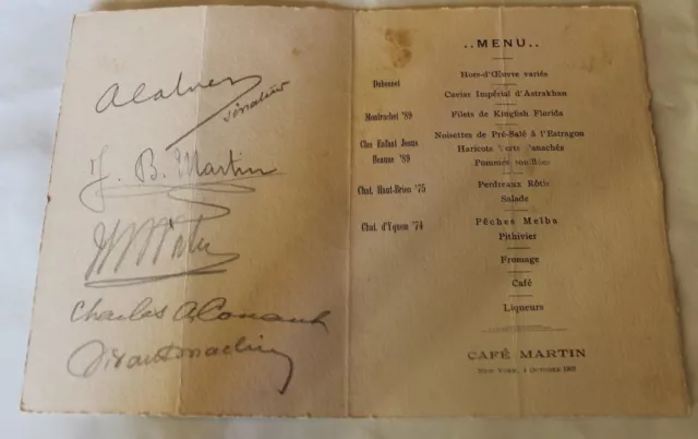 ancien menu du  CAFE MARTIN du 4 octobre 1907 new york ( dédicacé ? )