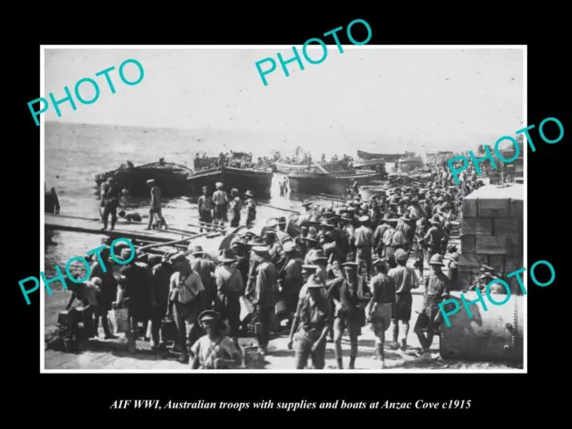 OLD POSTCARD SIZE PHOTO OF WWI AUSTRALIAN TROOPS UNLOADING AT ANZAC COVE c1915