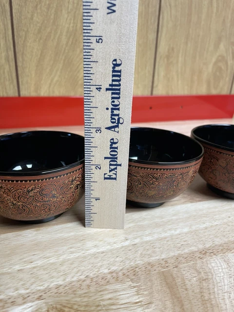 SET OF 3 Burmese Lacquer Bowls Cups Hand Painted Lacquerware Asian Myanmar 12