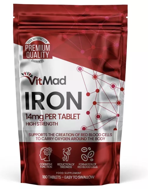 Iron 14mg 180 Tablets One-a-Day 6 Months Supply 100% NRV High Strength