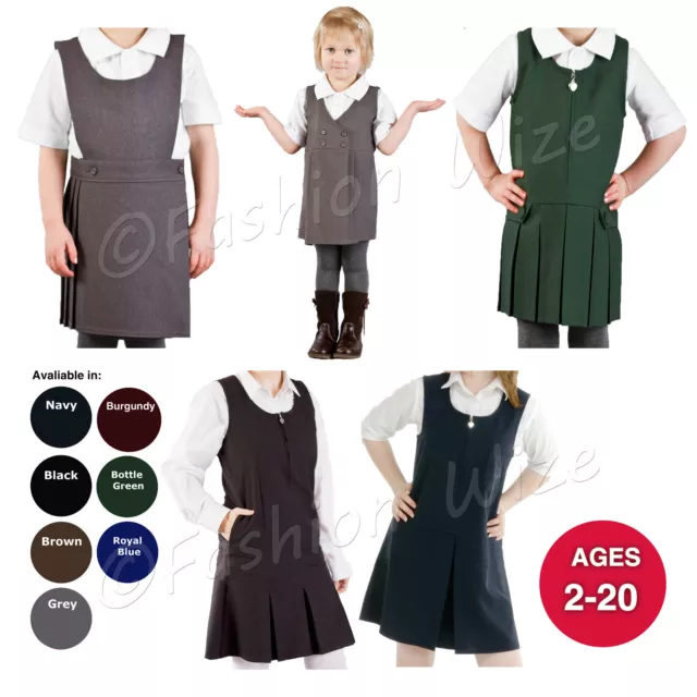 Pleated Girls School Uniform Pinafore Dress Sizes Age 2 - 20 Black Grey Navy