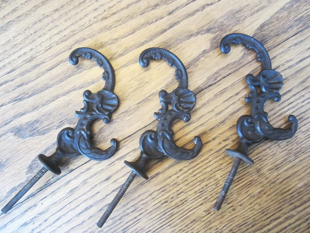 Set 3 Ornate ART NOUVEAU Cast Iron Coat Hat Rack Double Hooks Wall Mirror Holder