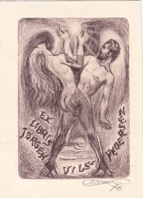 Exlibris Bookplate Radierung Enrico Vannuccini 1900-1990 Aktpaar Tanz Akt Fisch