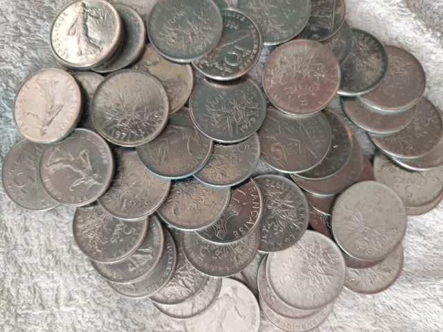 Lot de 100 pièces de monnaie française 5 francs Semeuse et commémoratives nickel